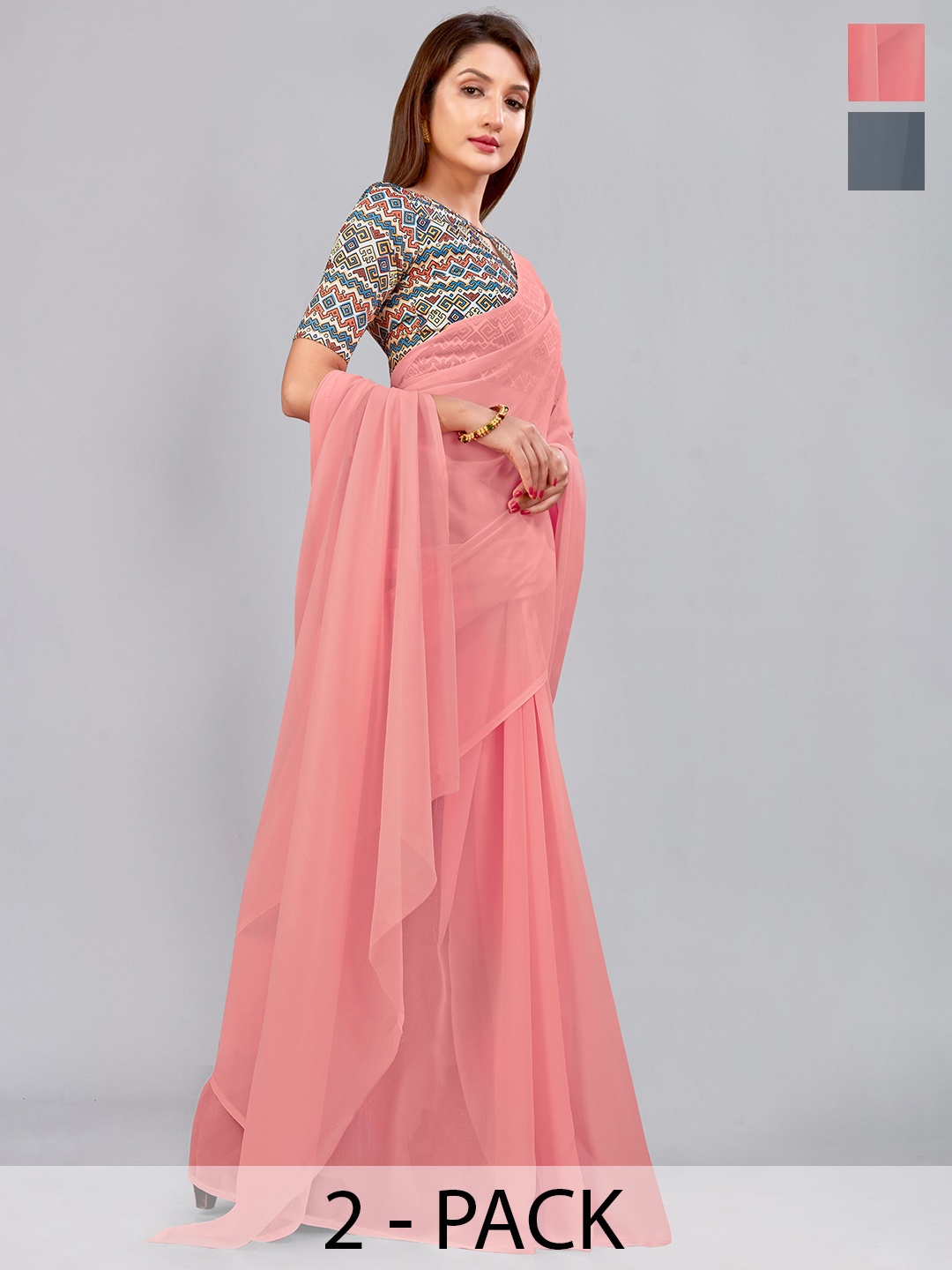 

CastilloFab Selection Of 2 Pure Georgette Saree, Peach