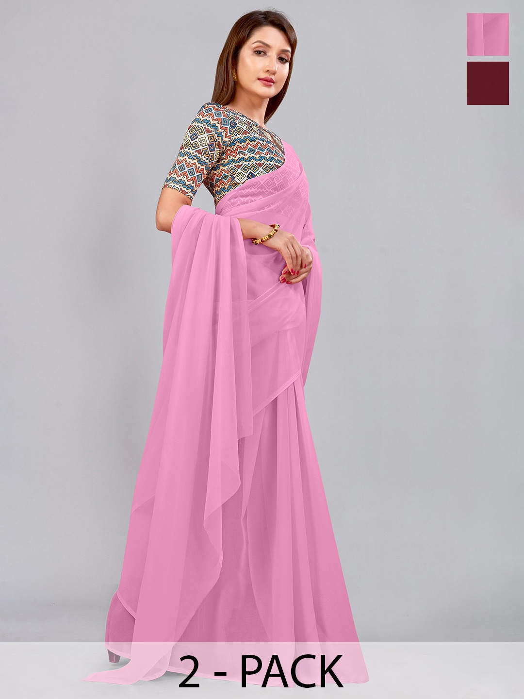 

CastilloFab Selection Of 2 Pure Georgette Saree, Pink