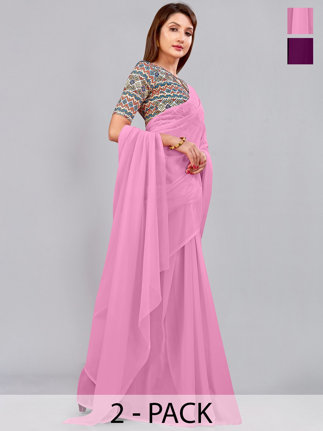 

CastilloFab Selection Of 2 Pure Georgette Saree, Pink