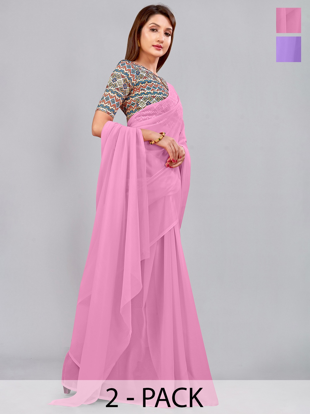 

CastilloFab Selection Of 2 Pure Georgette Saree, Lavender