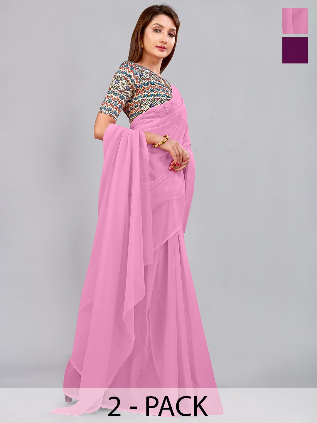 

CastilloFab Selection Of 2 Pure Georgette Saree, Burgundy