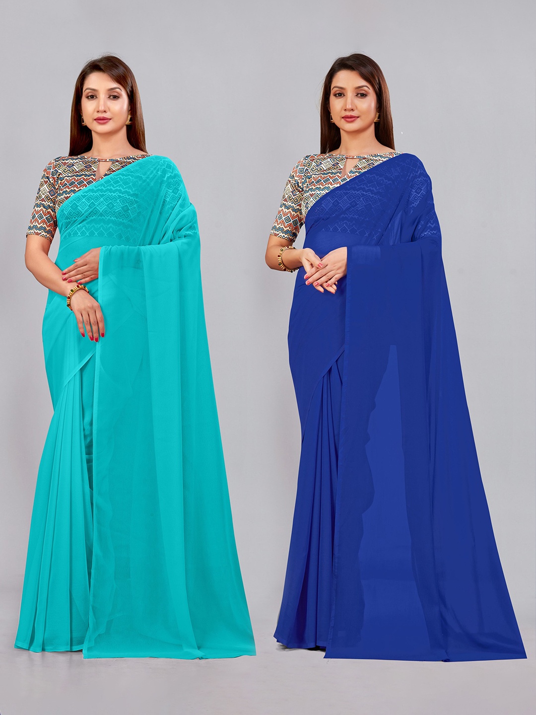 

CastilloFab Selection of 2 Pure Georgette Saree, Turquoise blue