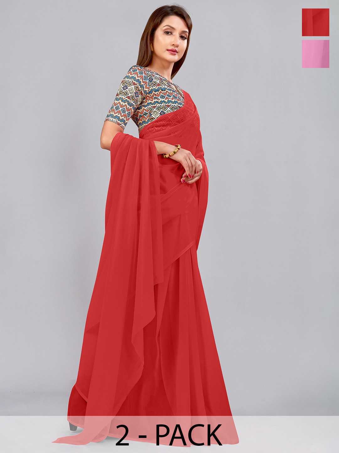 

CastilloFab Selection Of 2 Pure Georgette Saree, Pink