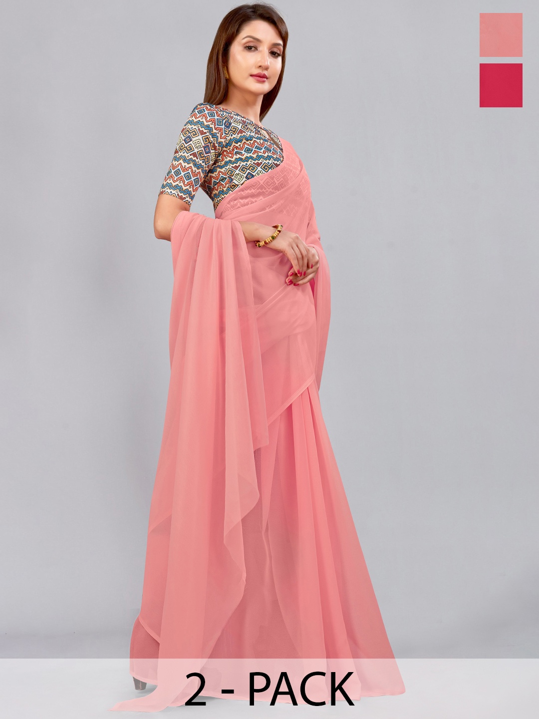 

CastilloFab Selection of 2 Pure Georgette Saree, Peach