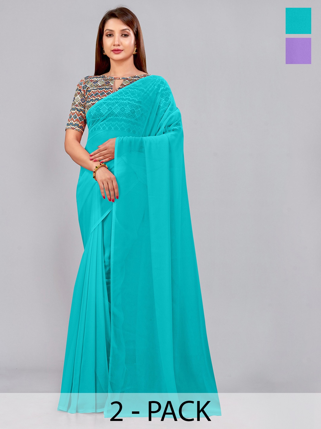 

CastilloFab Selection of 2 Pure Georgette Saree, Turquoise blue