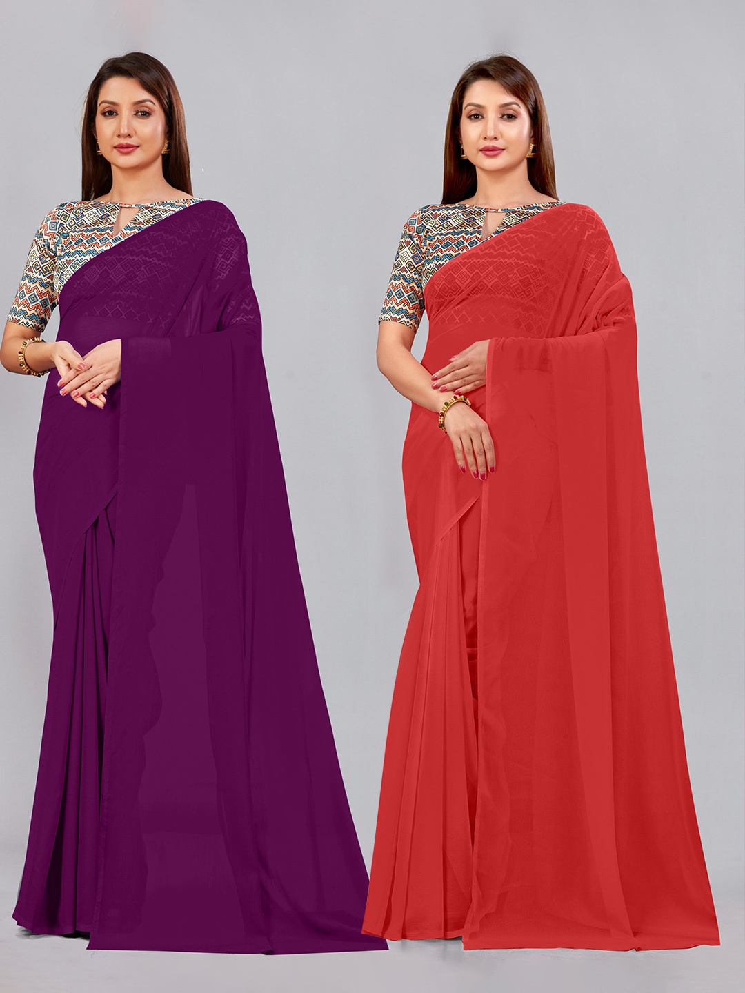 

CastilloFab Selection of 2 Pure Georgette Saree, Burgundy