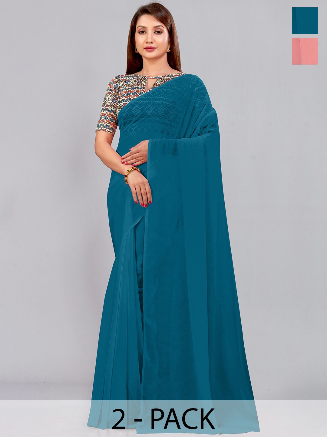 

CastilloFab Selection of 2 Pure Georgette Saree, Peach