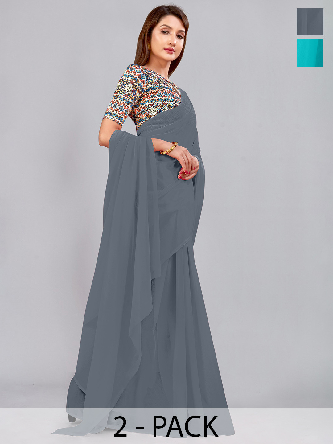 

CastilloFab Selection of 2 Pure Georgette Sarees, Turquoise blue