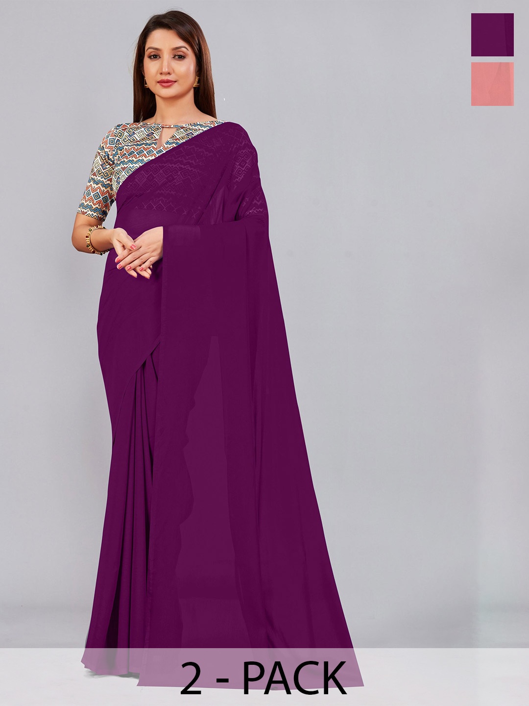 

CastilloFab Selection of 2 Pure Georgette Saree, Burgundy