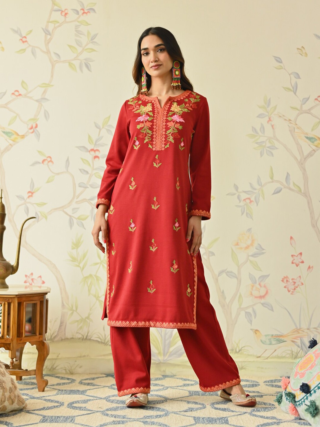 

Rustorange Notch Neck Long Sleeves Floral Thread Work Straight Kurta with Trouser, Maroon