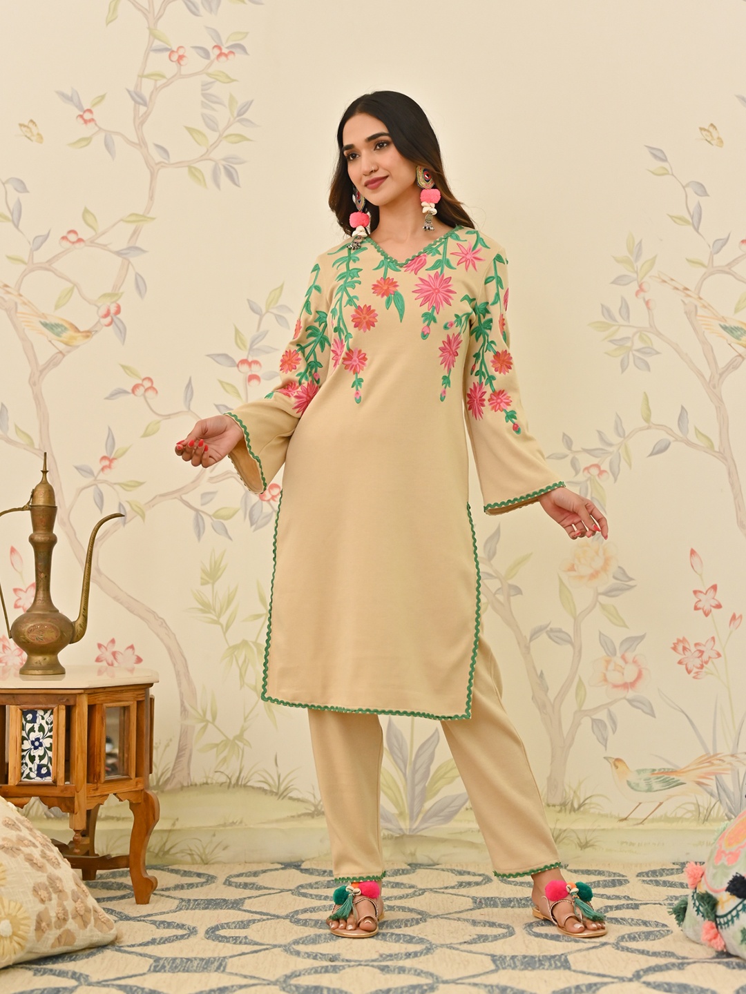 Rustorange Ethnic Motifs Embroidered Regular Thread Work Kurta with Trousers, Beige