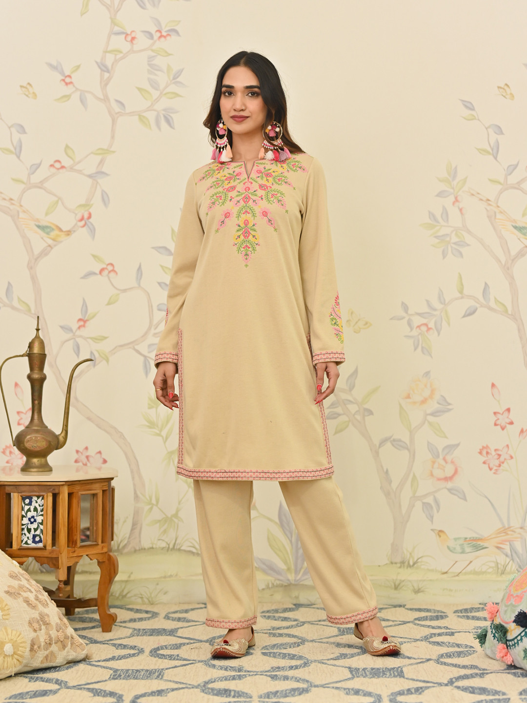

Rustorange Ethnic Motifs Embroidered Notch Neck Acrylic A-Line Kurta With Salwar, Beige