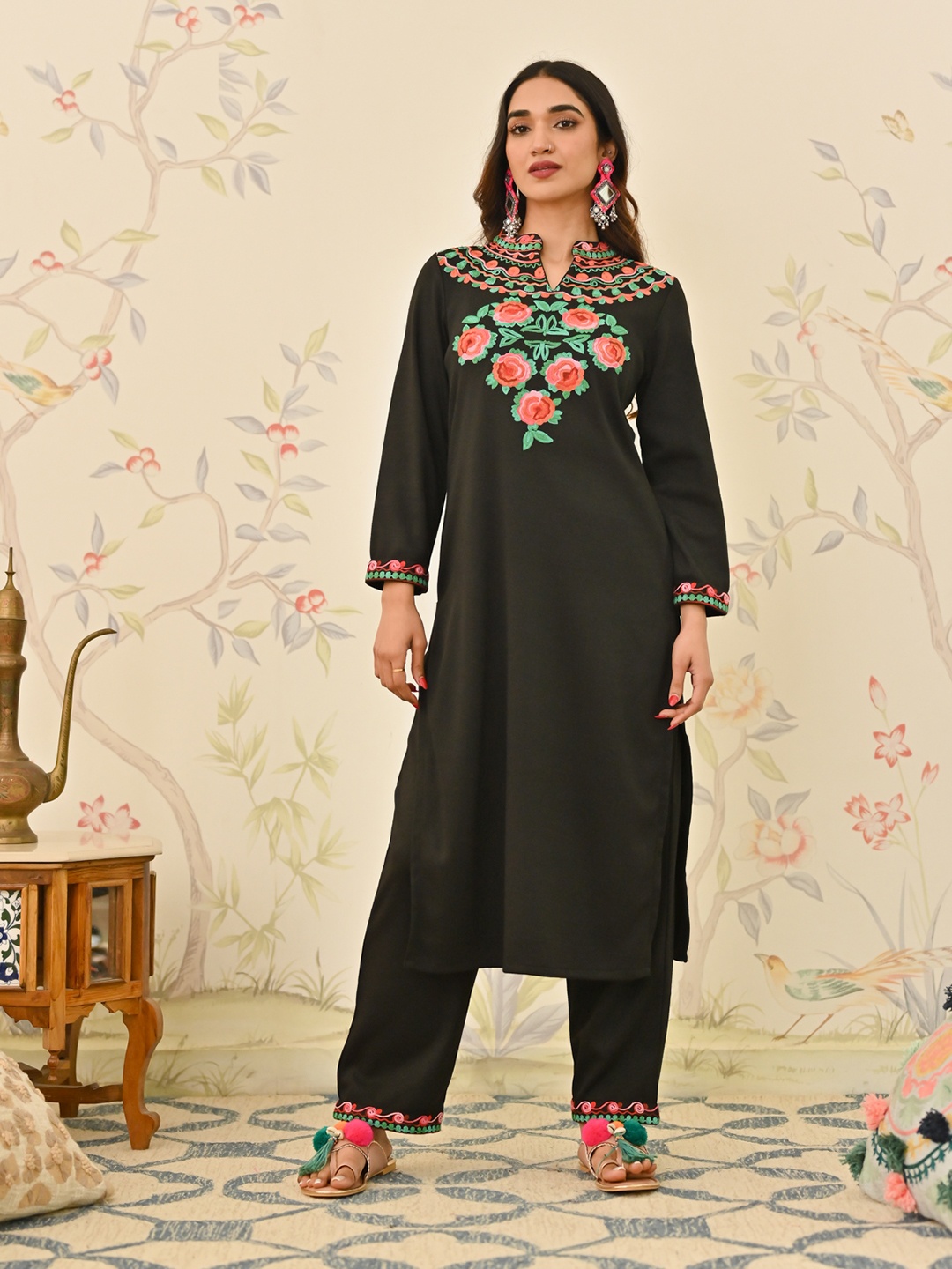 

Rustorange Ethnic Motifs Embroidered Mandarin Collar Acrylic A-Line Kurta With Salwar, Black