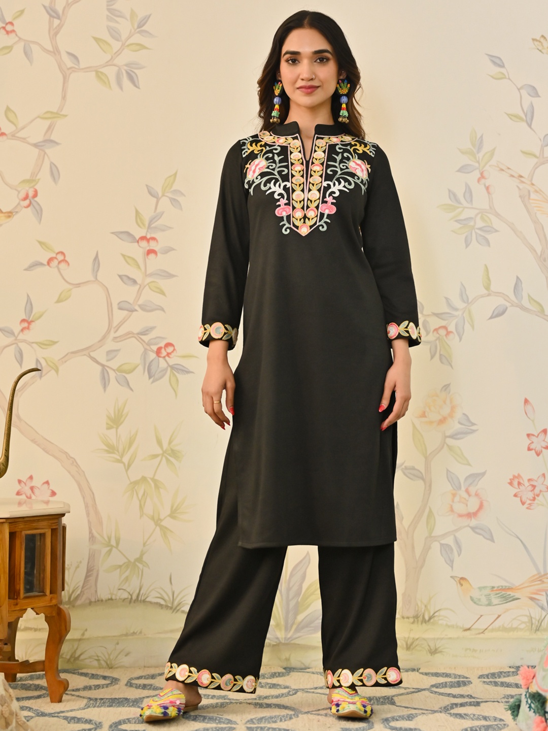

Rustorange Ethnic Motifs Embroidered Mandarin Collar Acrylic A-Line Kurta With Salwar, Black