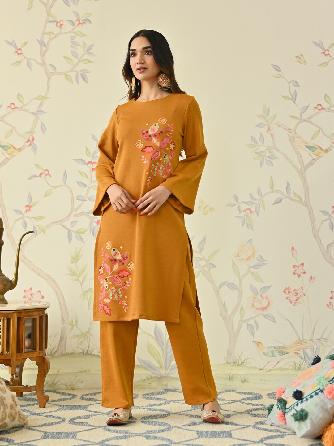 

Rustorange Round Neck Long Flared Sleeves Floral Embroidered Kurta with Trouser, Mustard