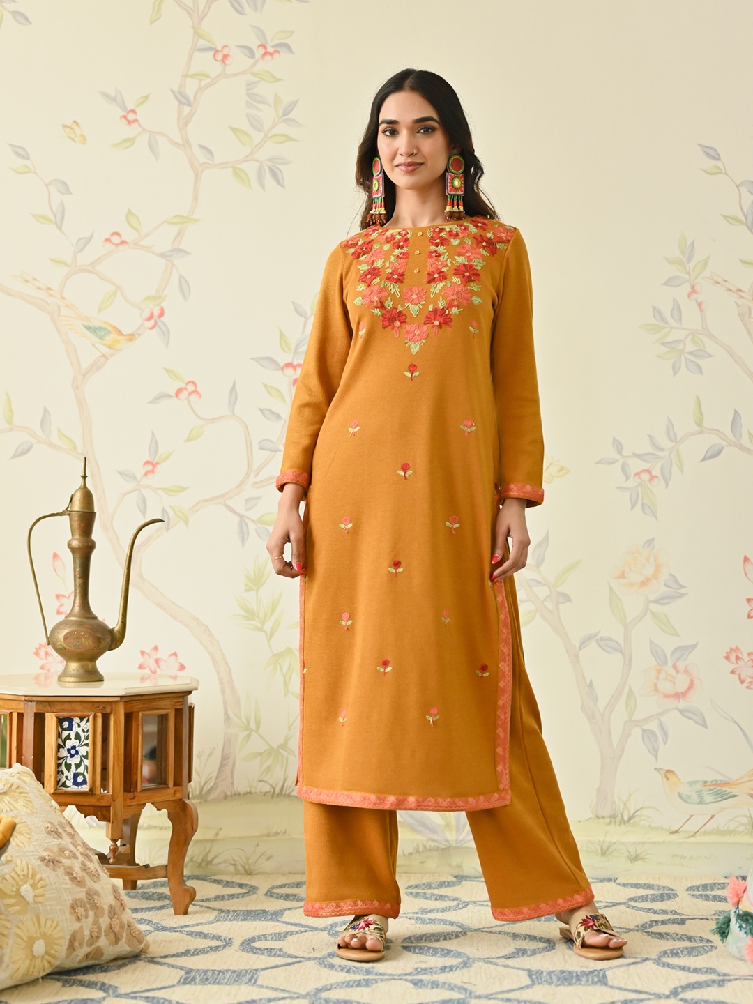 

Rustorange Boat Neck Long Sleeves Floral Embroidered Straight Kurta with Palazzos, Mustard