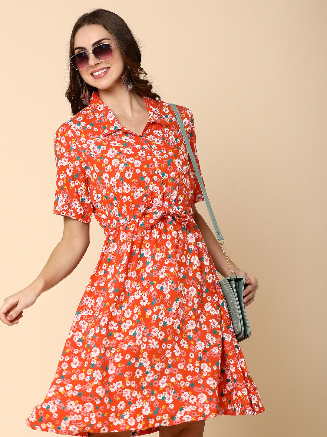 

V-Mart Floral Printed Shirt Collar Sort Sleeves Fit & Flare Dress, Orange