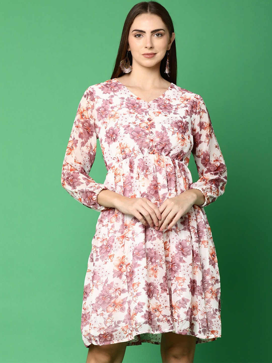 

V-Mart White Floral Printed Gathered Cotton Fit & Flare Dress