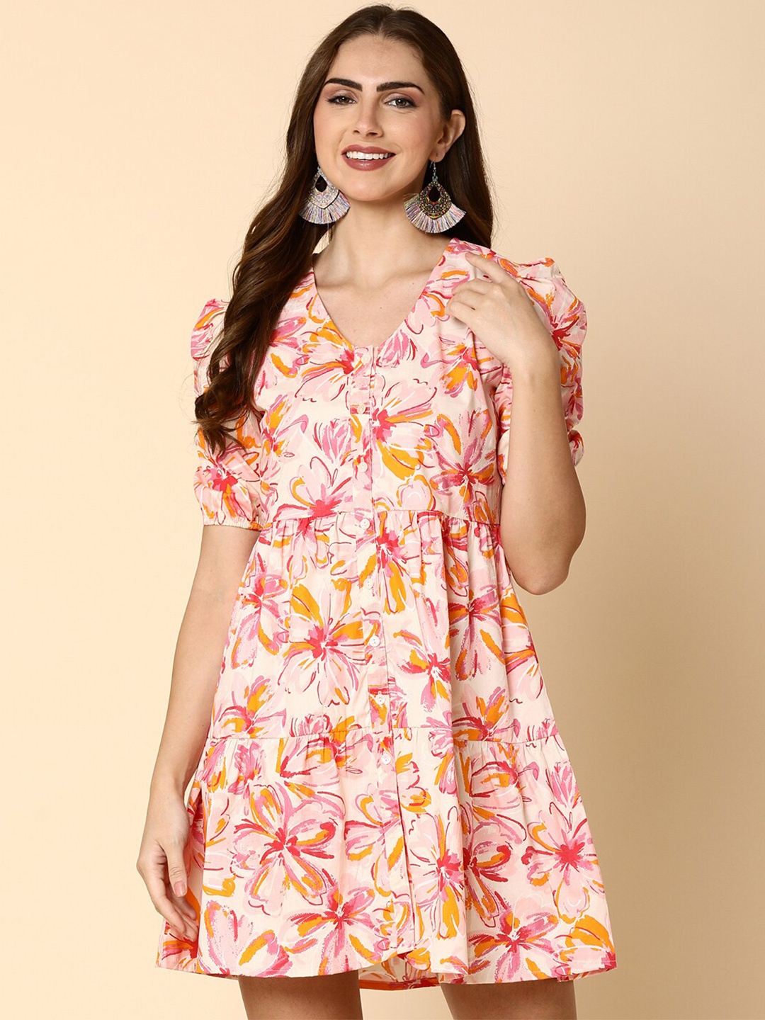

V-Mart Pink Floral Printed V Neck Puff Sleeves Cotton Fit & Flare Dress