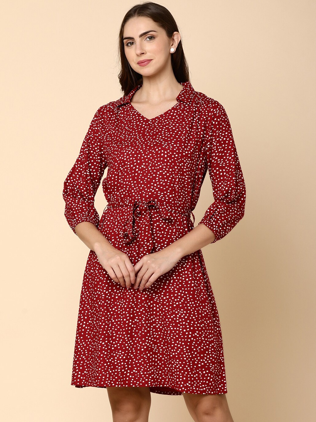 

V-Mart Polka Dots Printed Fit & Flare Dress With Belt, Maroon