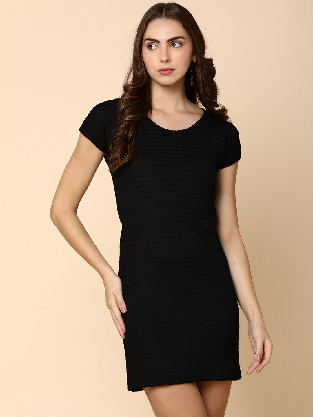 

V-Mart Self Design Round Neck Short Cap Sleeves Sheath Dress, Black