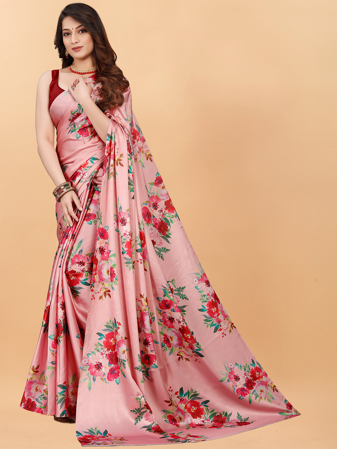 

NIWAA Floral Printed Satin Saree, Pink