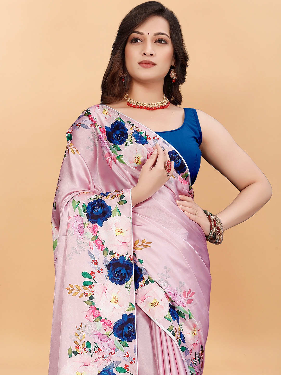 

NIWAA Printed Satin Saree, Pink
