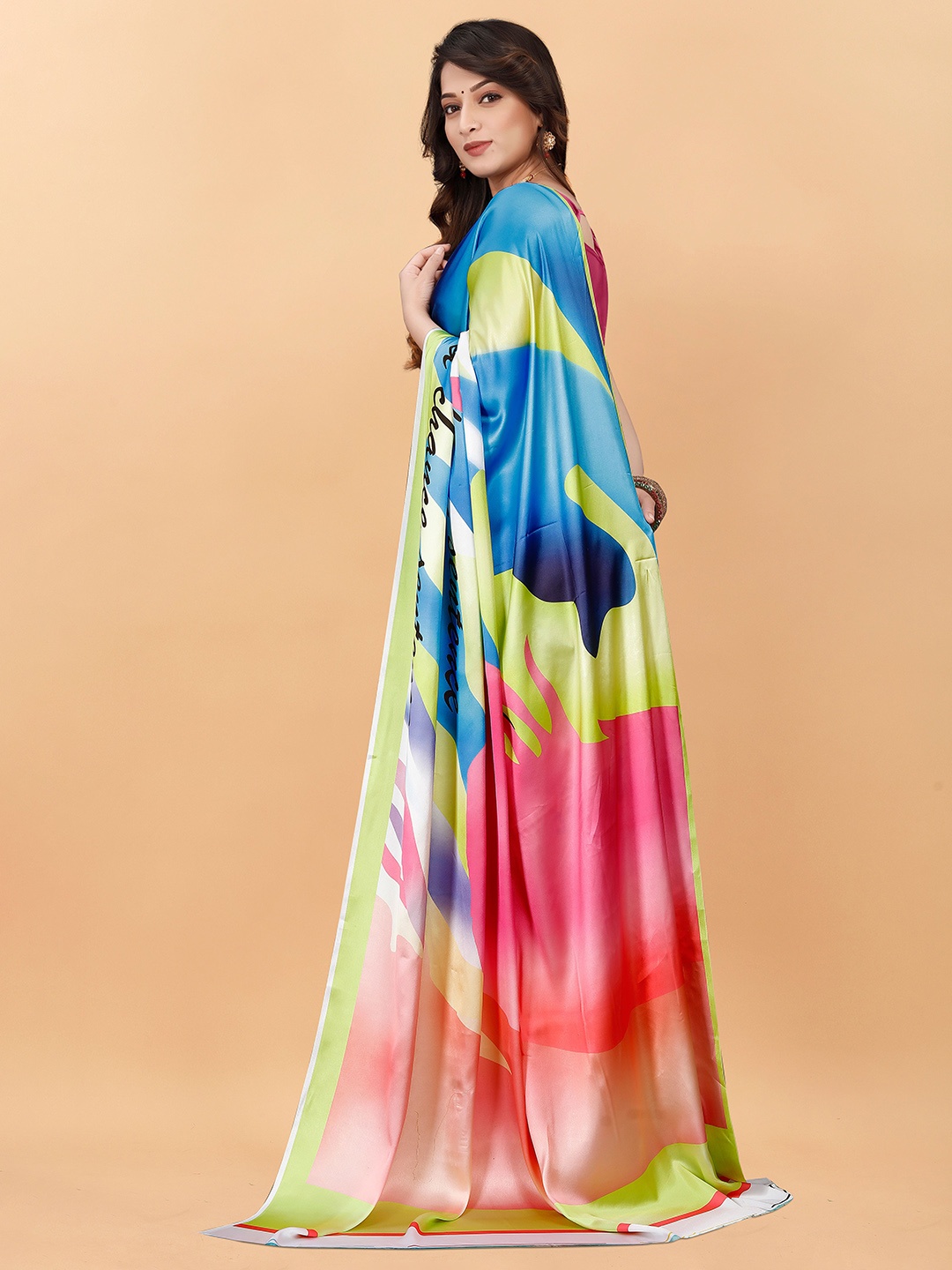

NIWAA Anstract Printed Satin Saree, Blue