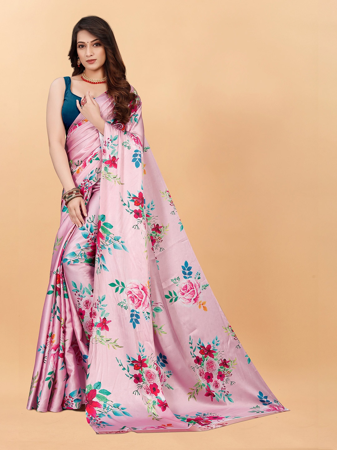

NIWAA Floral Printed Satin Saree, Pink