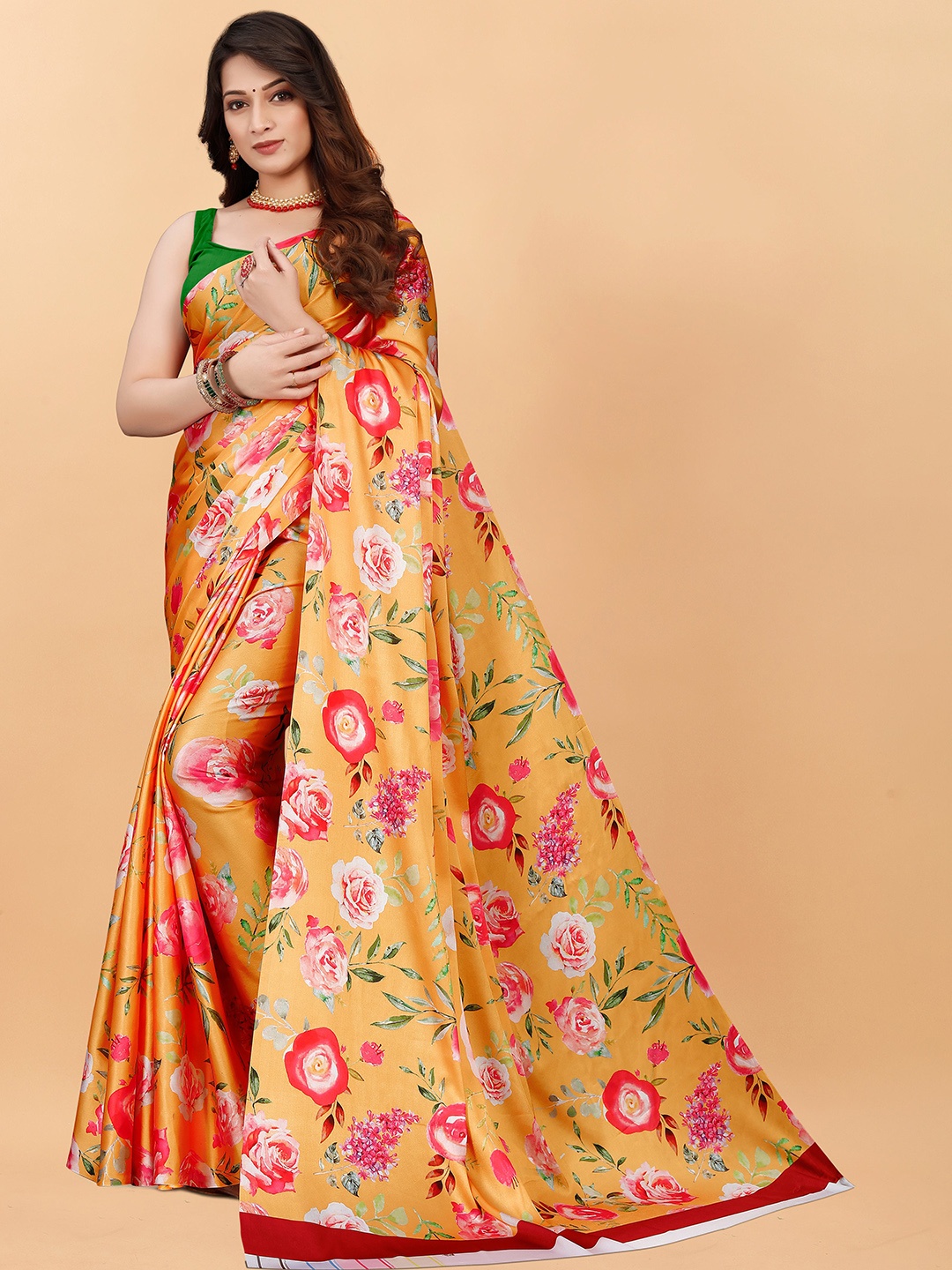 

NIWAA Floral Printed Satin Saree, Orange