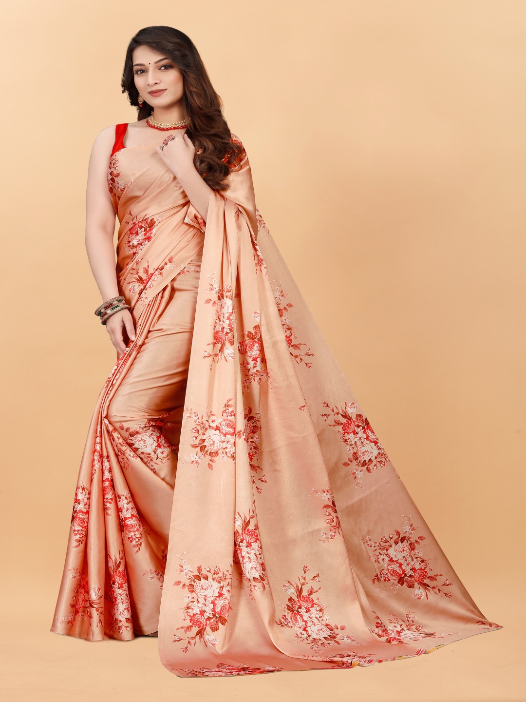 

NIWAA Floral Printed Satin Saree, Orange