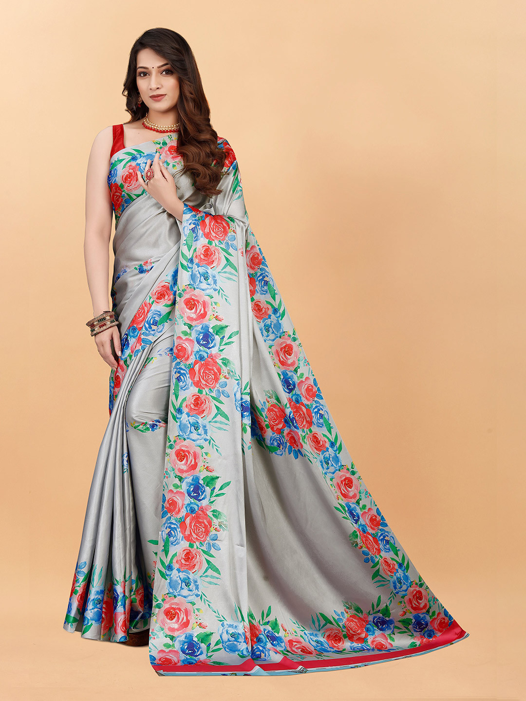 

NIWAA Floral Printed Satin Saree, Grey