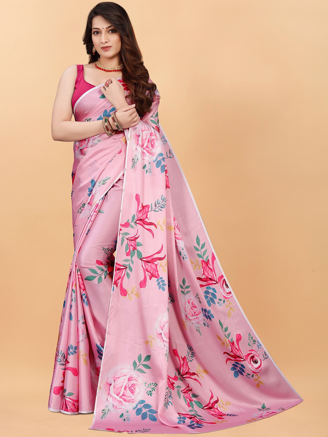 

NIWAA Floral Printed Satin Saree, Pink