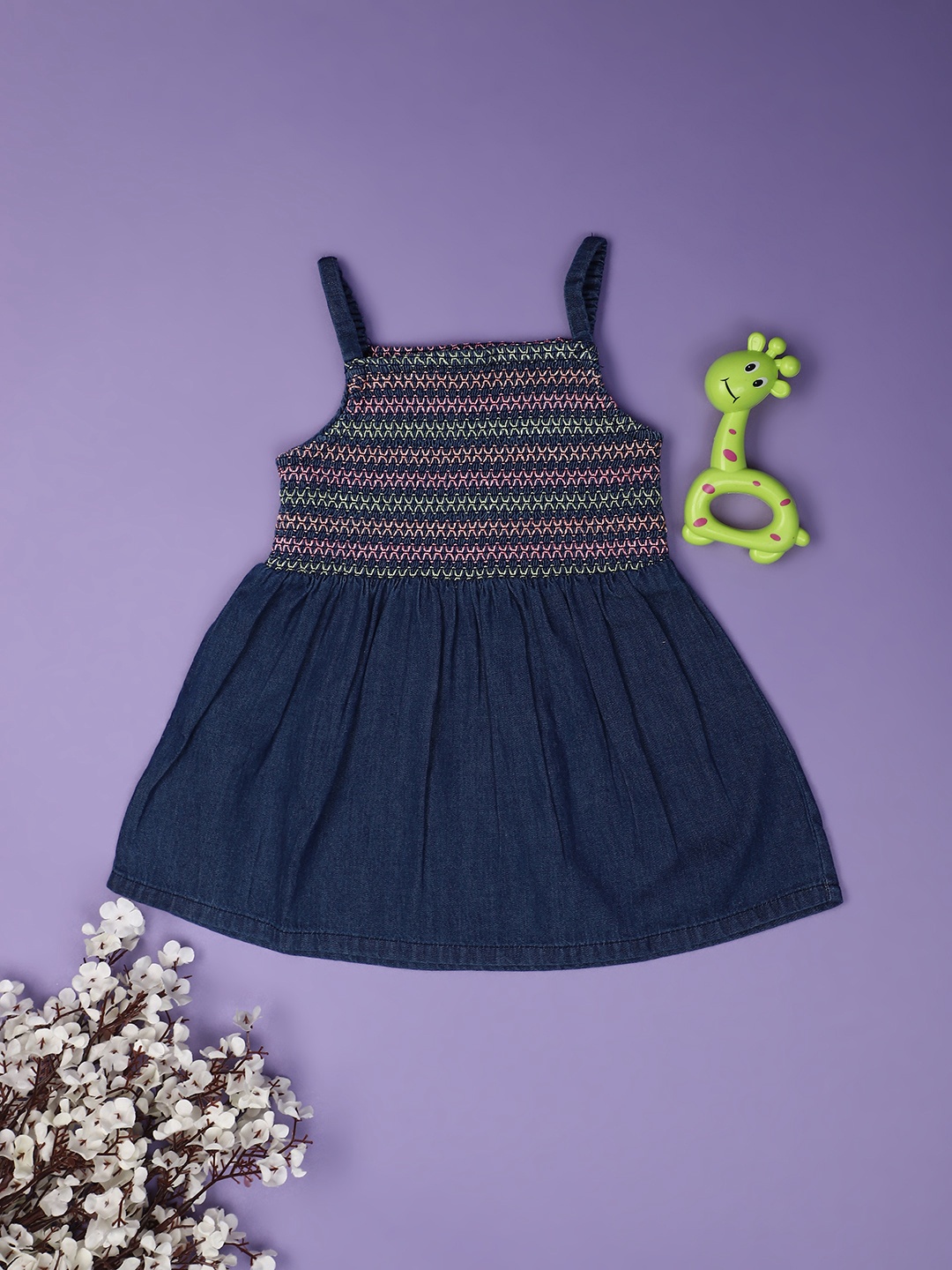 

V-Mart Infant Self Design Shoulder Straps Fit & Flare Dress, Blue