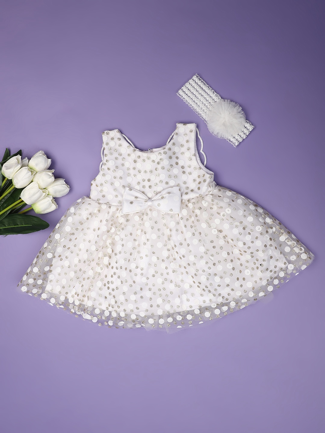 

V-Mart Infant Self Design Polyester Round Neck Fit & Flare Dress, Off white