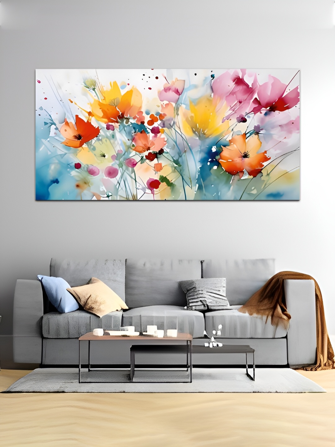 

MITHILA Handicrafts Yellow and Blue Flowers Canvas Abstract Wall Paintings