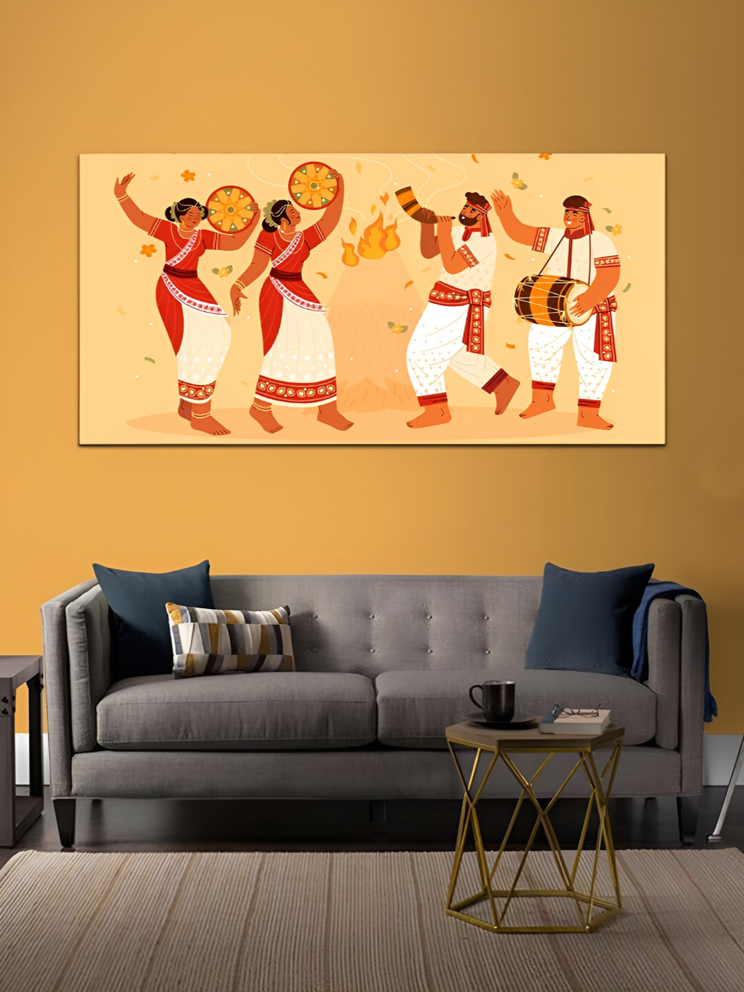 

MITHILA Handicrafts White and Red Women And Men Dance folk Canvas Abstract Wall Paintings