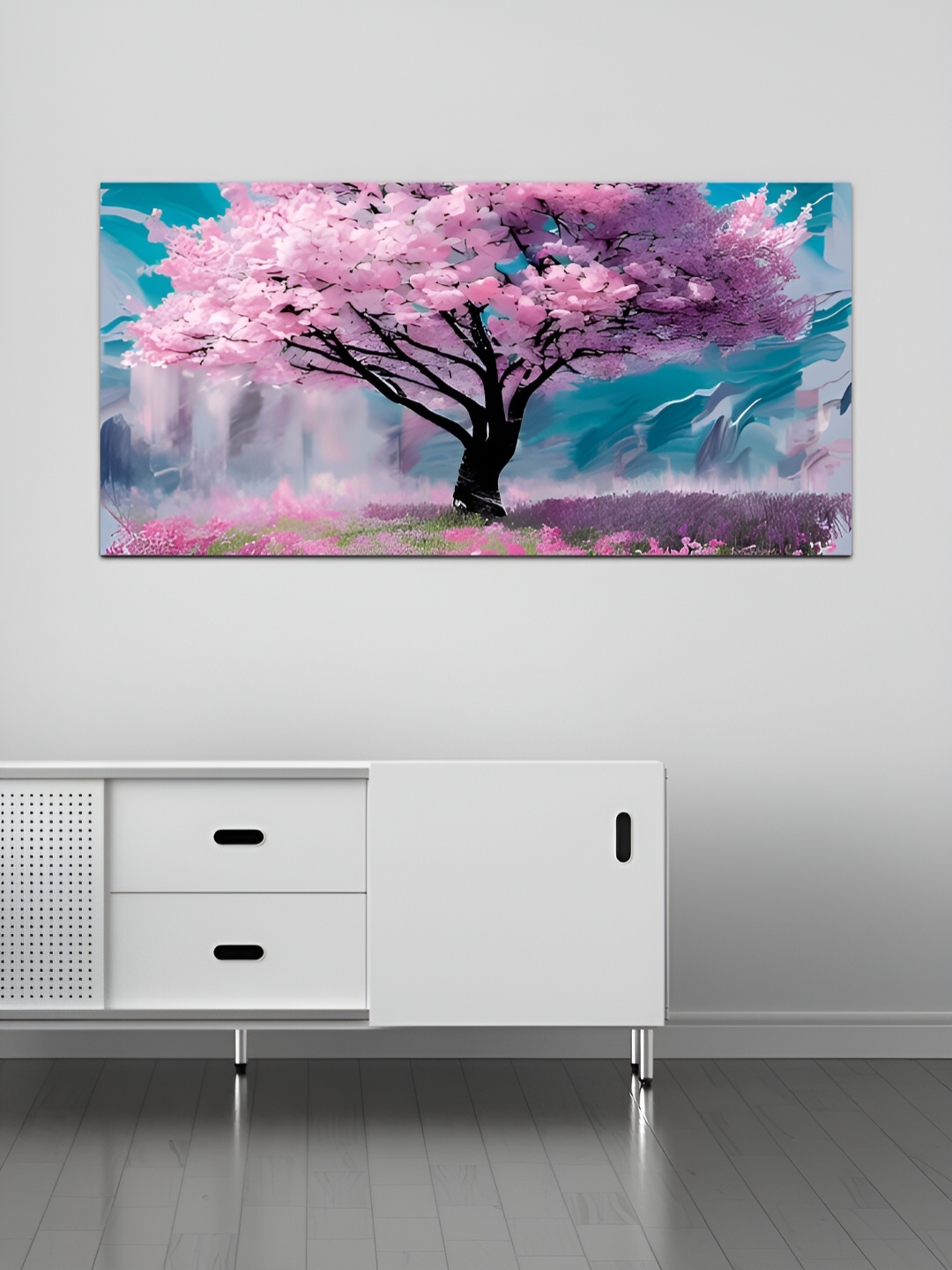 

MITHILA Handicrafts Pink and Blue Beautifull Tree Canvas Abstract Wall Paintings