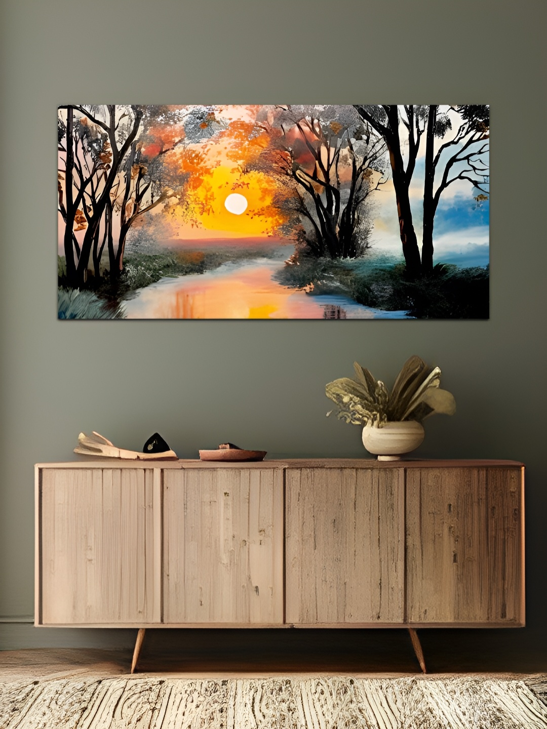 

MITHILA Handicrafts Orange and Blue Sunrise Scenery Sunset Canvas Abstract Wall Paintings