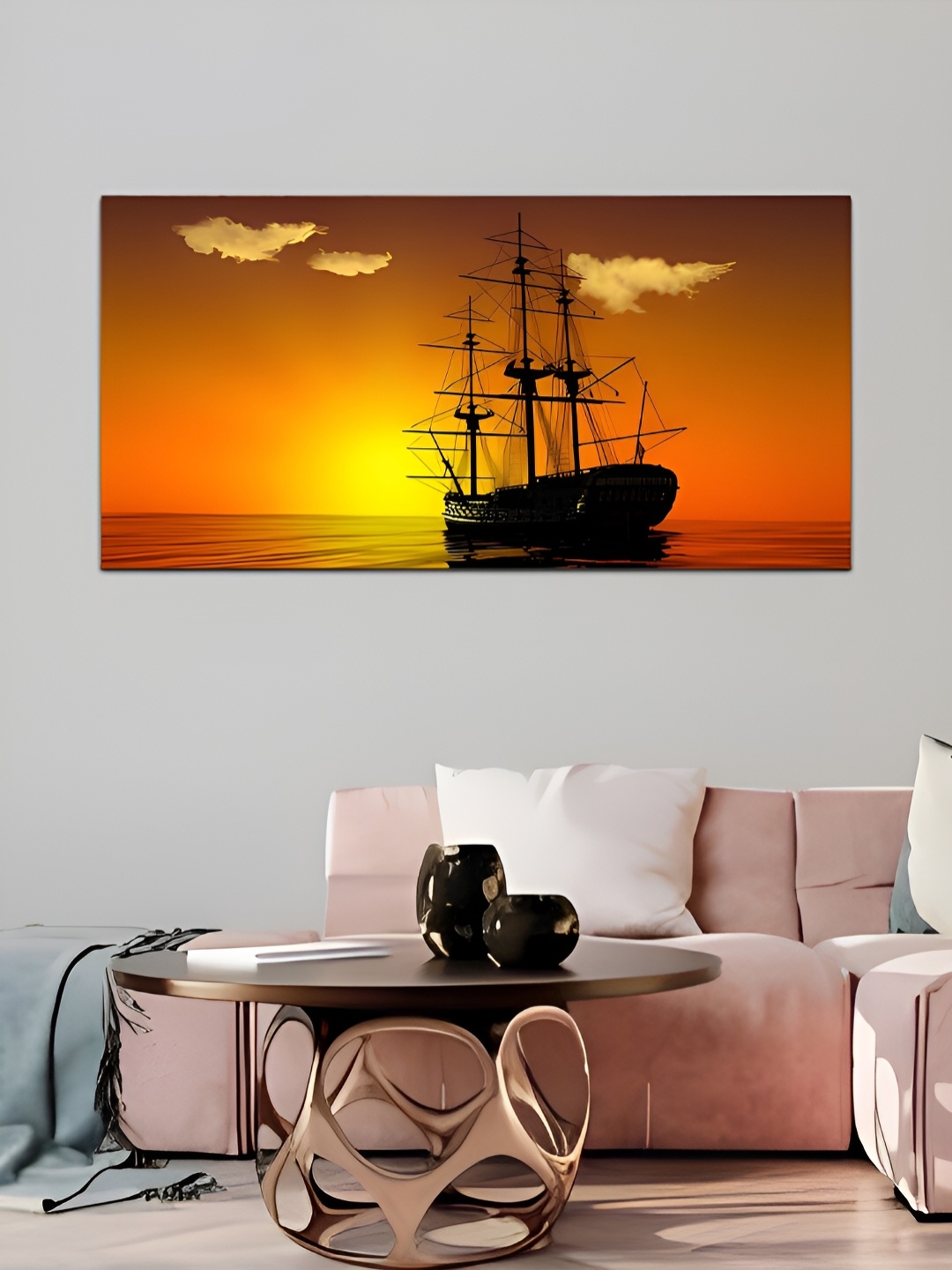 

MITHILA Handicrafts Orange and Black Sailing ship Canvas Abstract Wall Paintings
