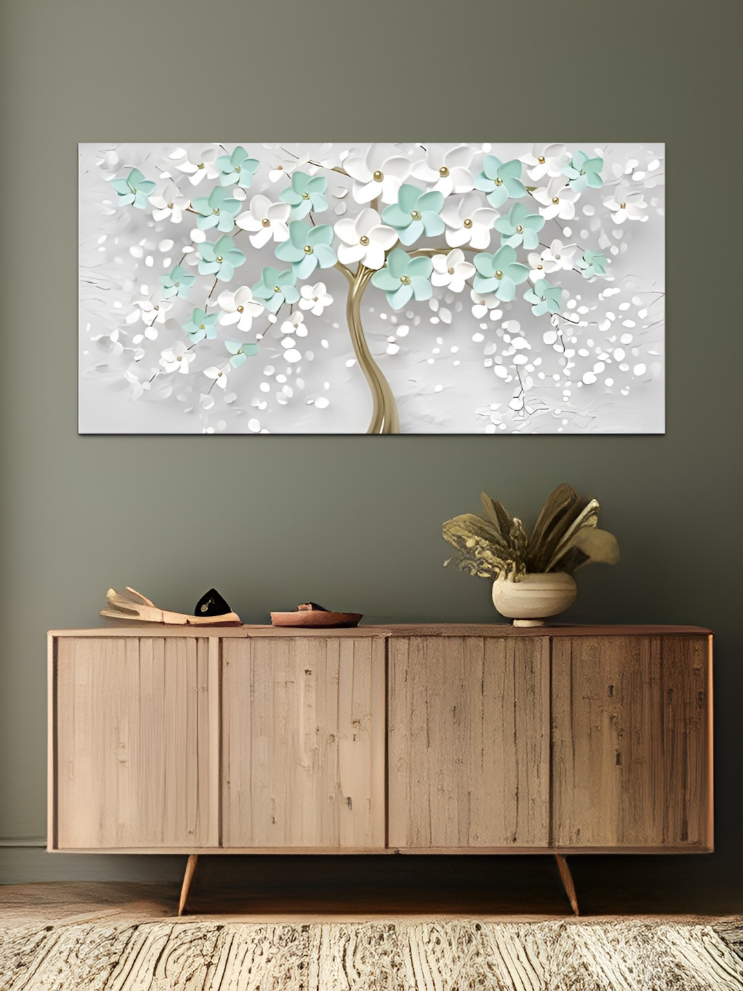 

MITHILA Handicrafts Green and Off White tree beautiful Canvas Floral Wall Paintings