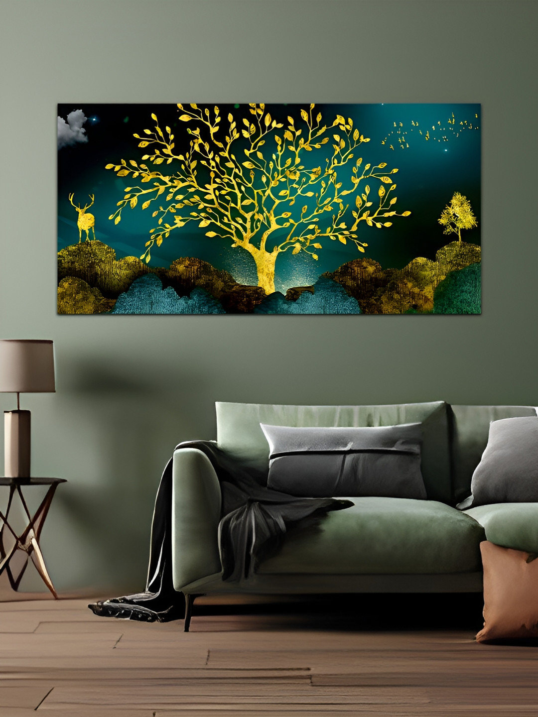 

MITHILA Handicrafts Green & Blue Birds and Animals Canvas Painting Wall Art
