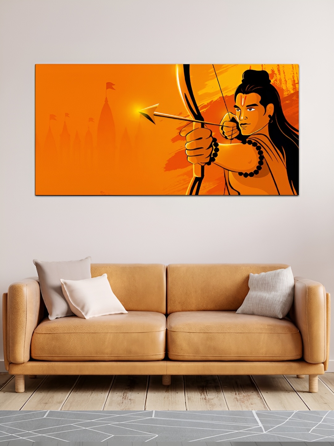 

MITHILA Handicrafts Orange and Black Shree ram with Temple Canvas Religious Wall Paintings
