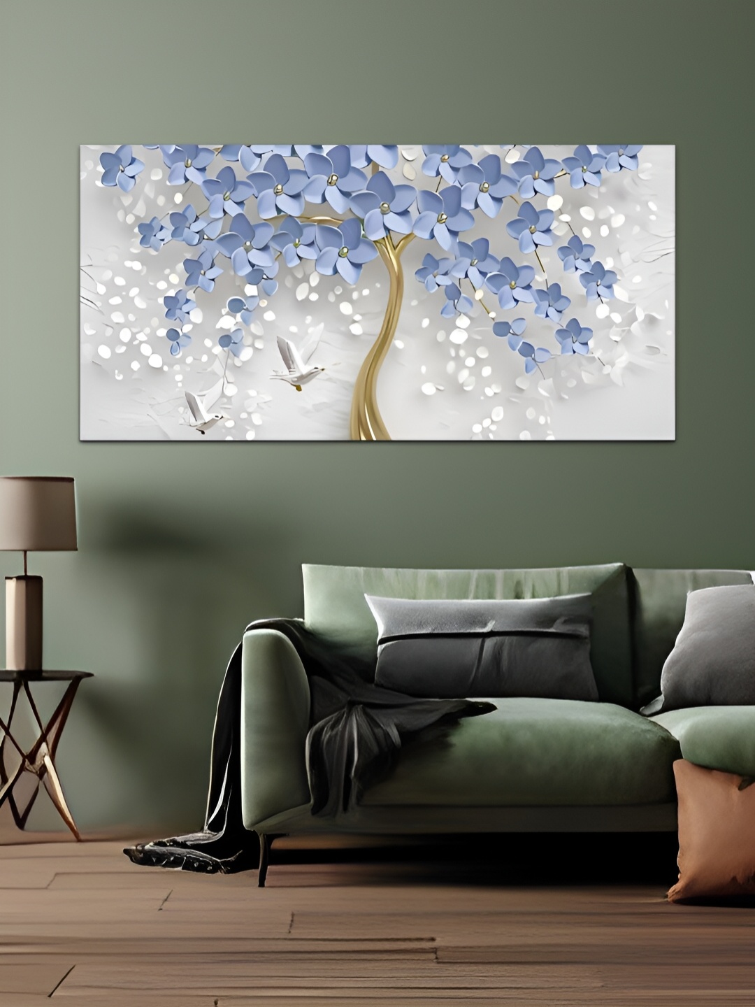 

MITHILA Handicrafts White & Blue Floral and Botanical Canvas Painting Wall Art