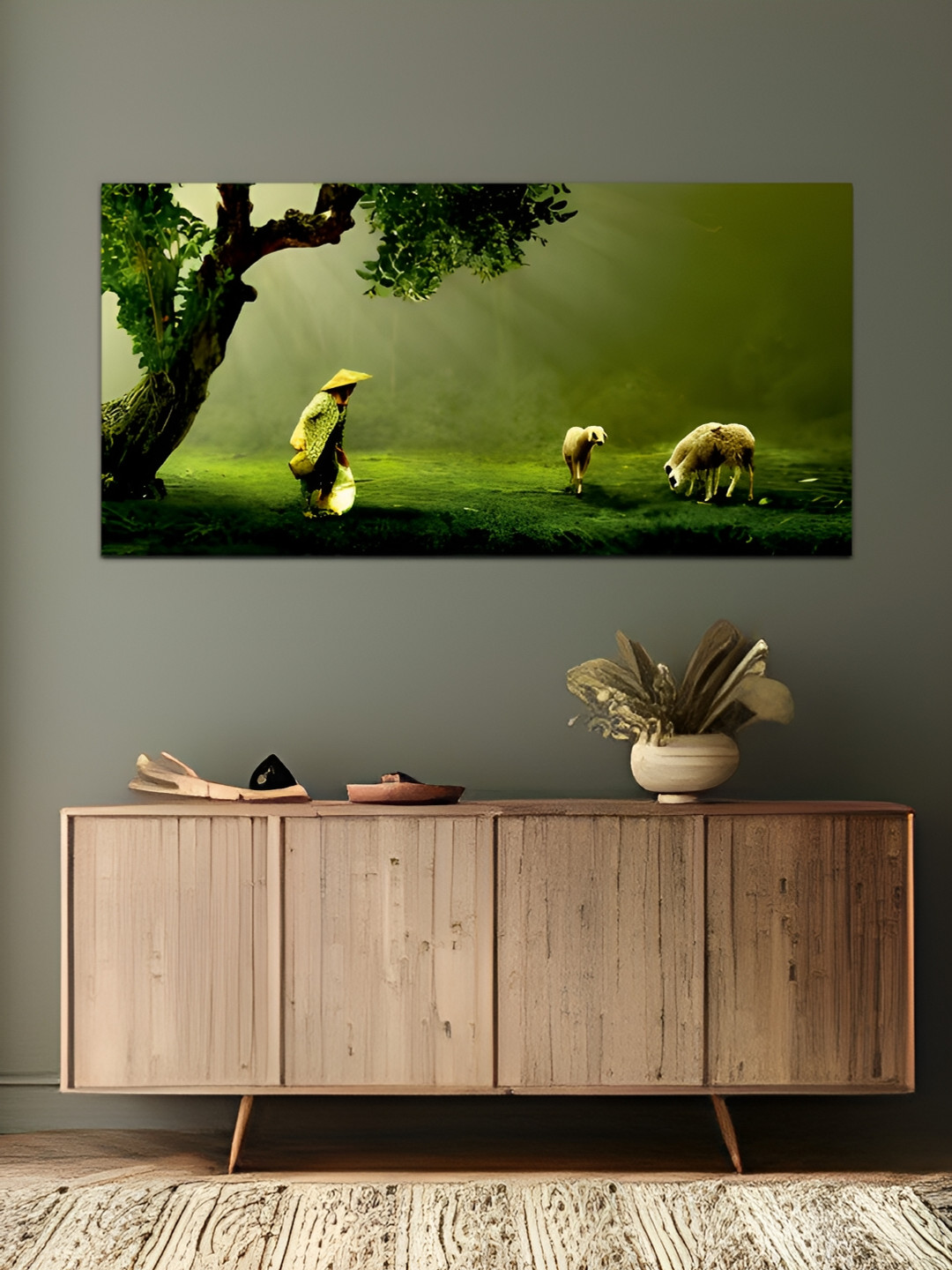 

MITHILA Handicrafts Green and Off White Tree & Sheep Canvas Abstract Wall Paintings