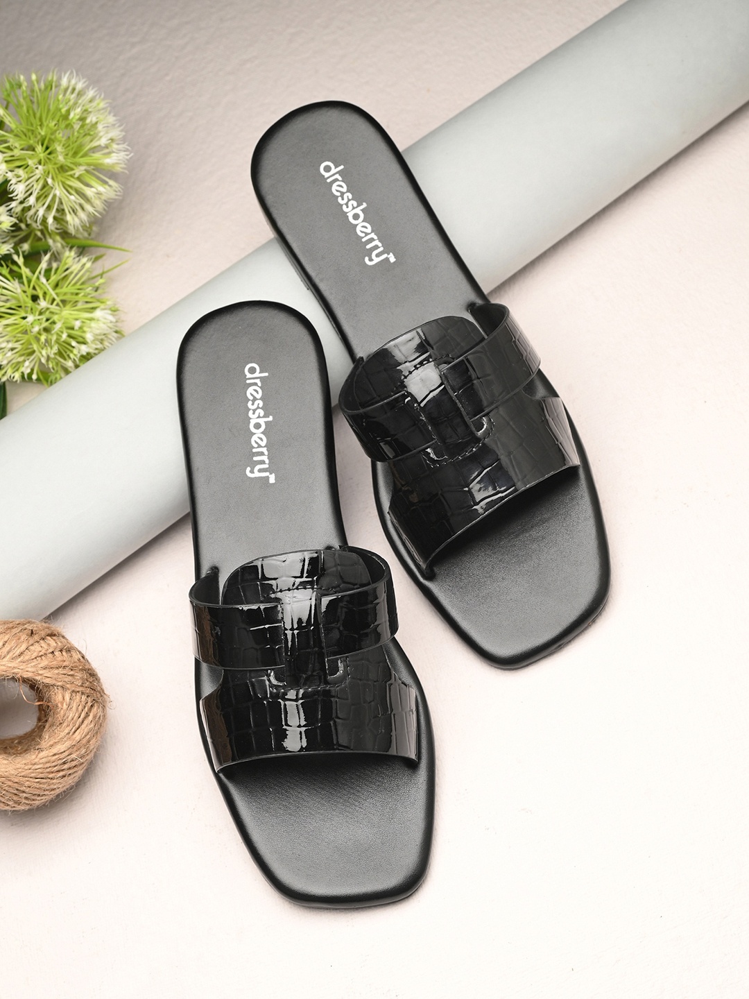 

DressBerry Textured Open Toe Flats, Black