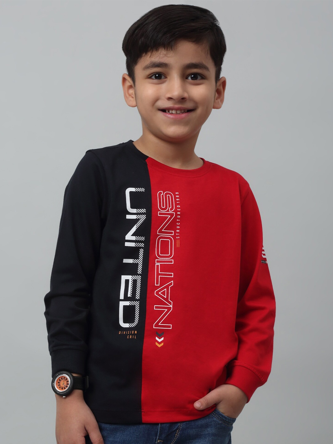 

Cantabil Boys Colourblocked Long Sleeves Cotton T-shirt, Navy blue