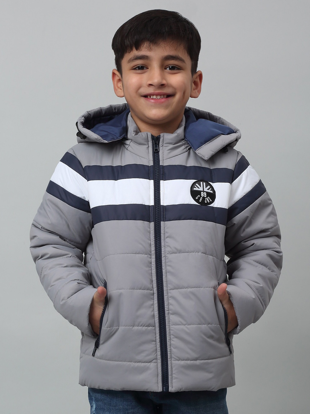 

Cantabil Boys Striped Lightweight Hooded Puffer Jacket, Grey