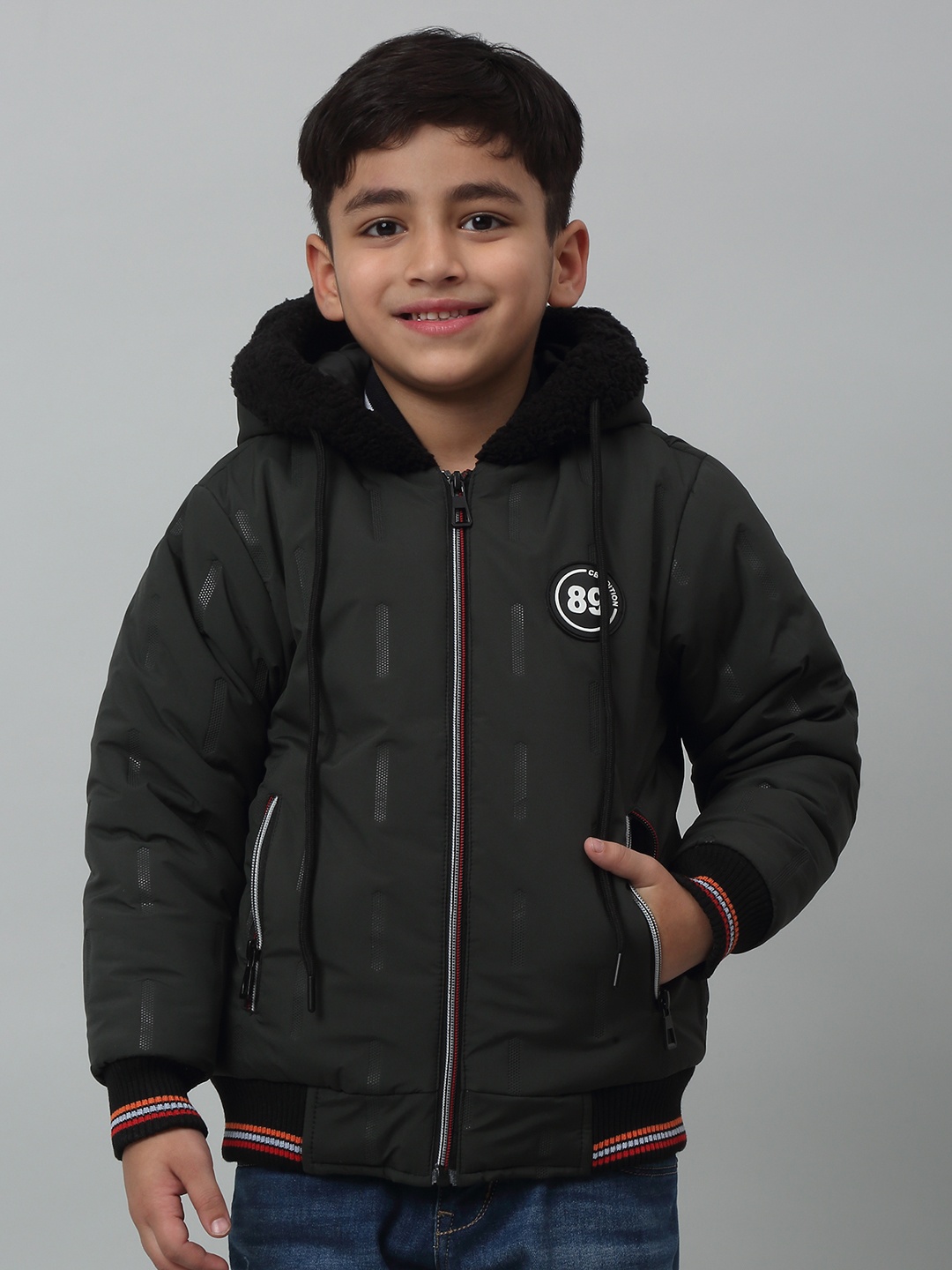 

Cantabil Boys Geometric Printed Hooded Lightweight Bomber Jacket, Green