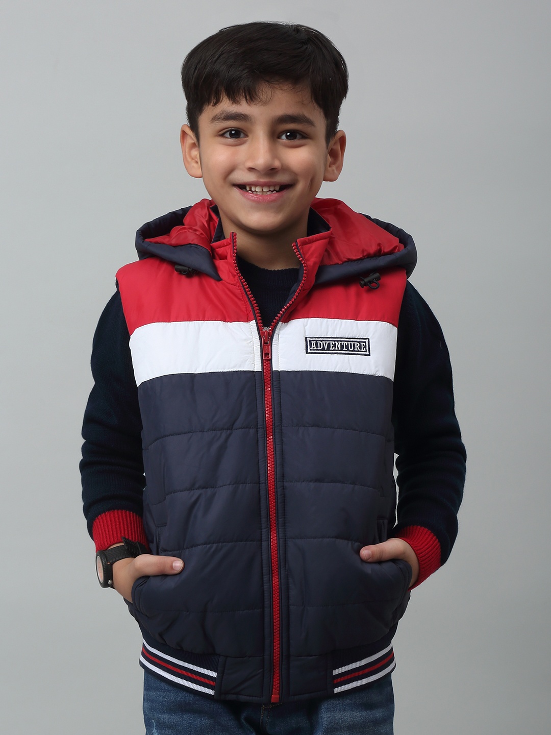 

Cantabil Boys Colourlocked Hooded Lightweight Puffer Jacket, Navy blue